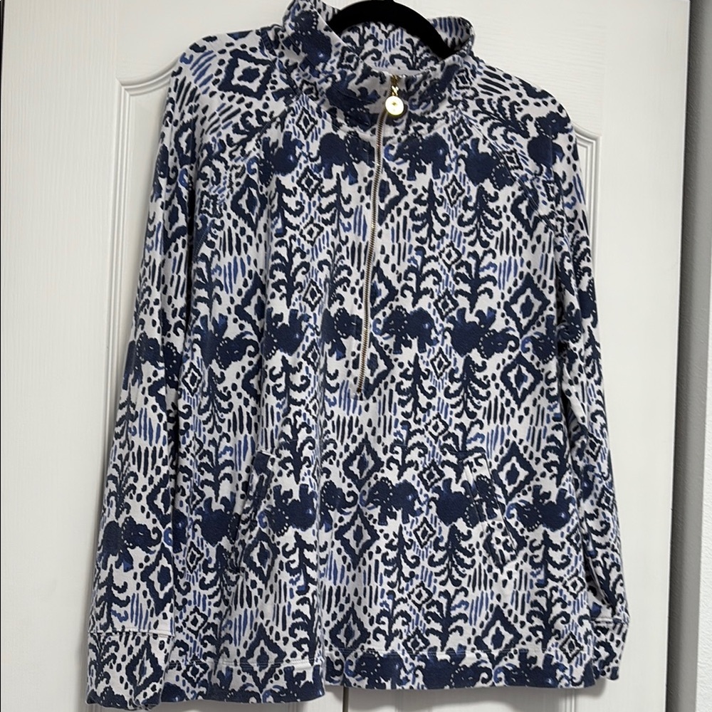 Lilly Pulitzer Navy and White Patterned Quarter-Zip Pullover